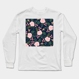 Blue Pink Watercolor Roses Gold Outline Design Long Sleeve T-Shirt